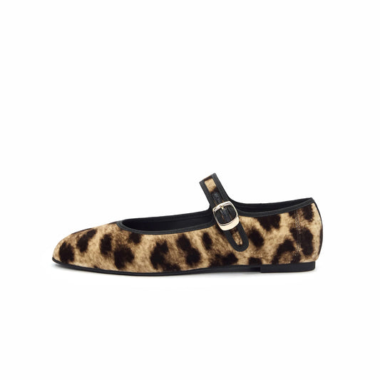 Leopard Faux Suede Round-Toe Bridge Buckle Strap Ballet Classic Flats