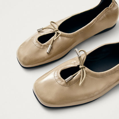 Patent Beige Square-Toe Stretchy Ballet Flats