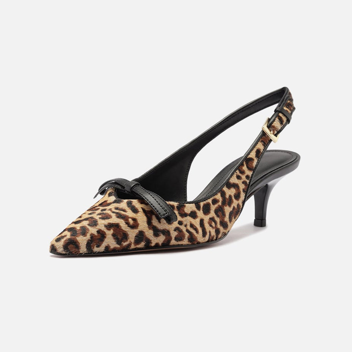 Leopard Pattern Pony Hair Vegan Leather Chic Pointed-Toe Front Bow Buckle Slingback Kitten Heels