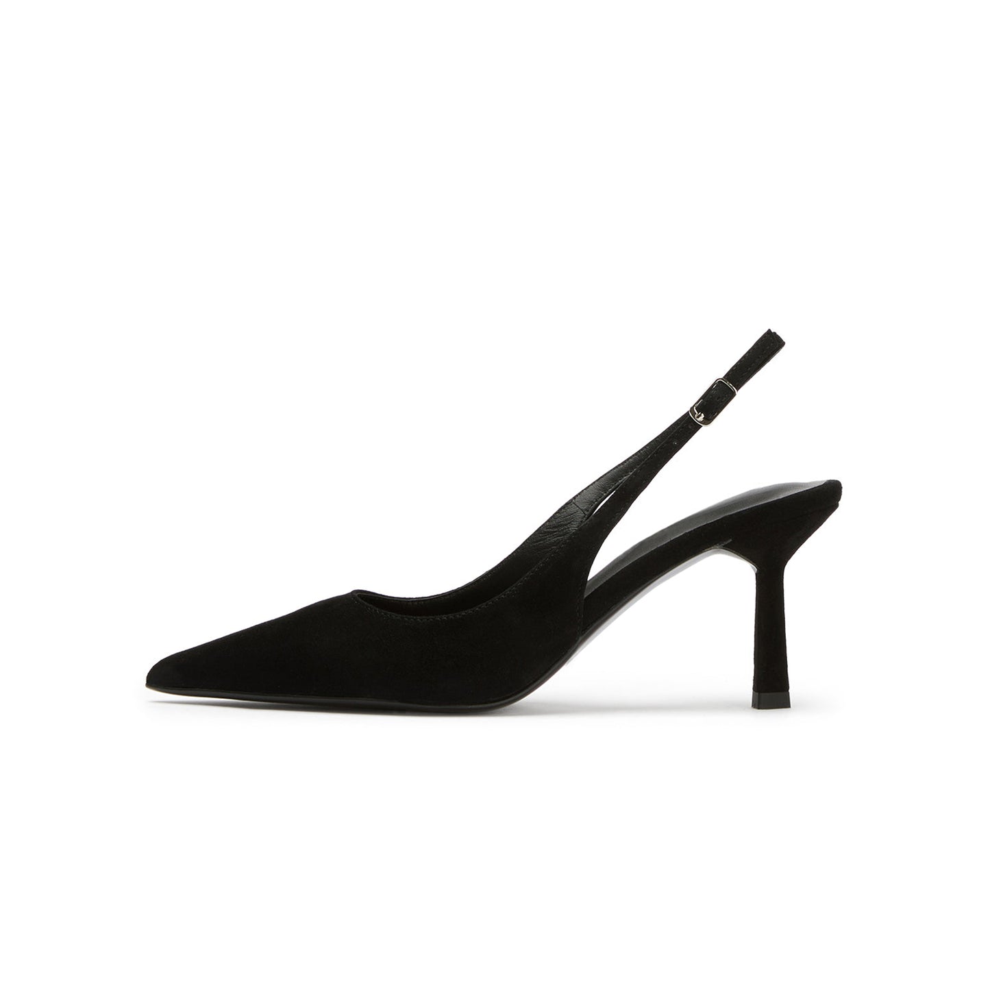 Black Faux Suede Pointed-Toe Classic Buckle Slingback Kitten Heels