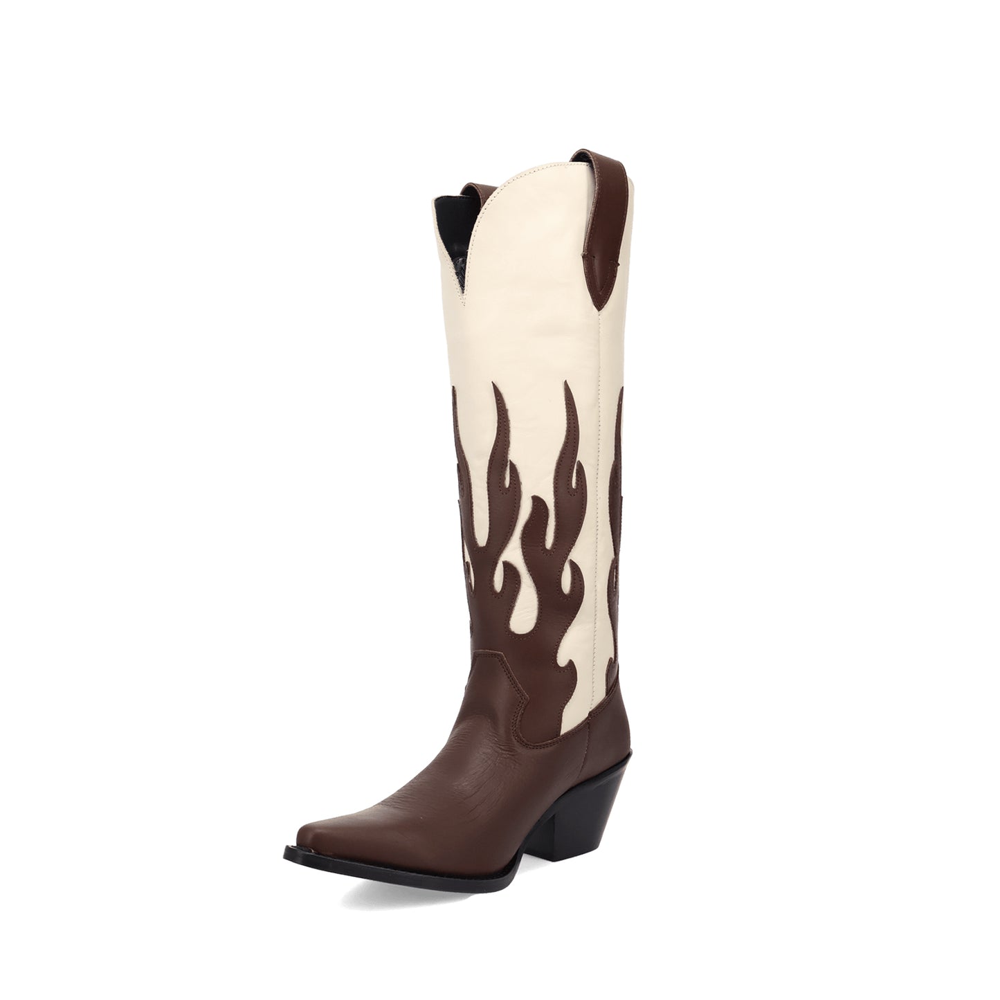 Contrast Brown And Ivory Pointed-Toe Flame Appliques Wide Calf Knee High Cowgirl Boots