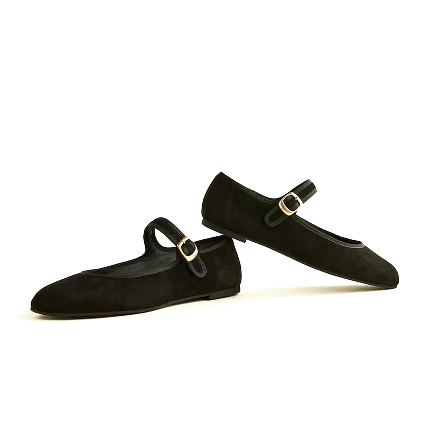 Black Faux Suede Round-Toe Bridge Strap Slip-On Flats