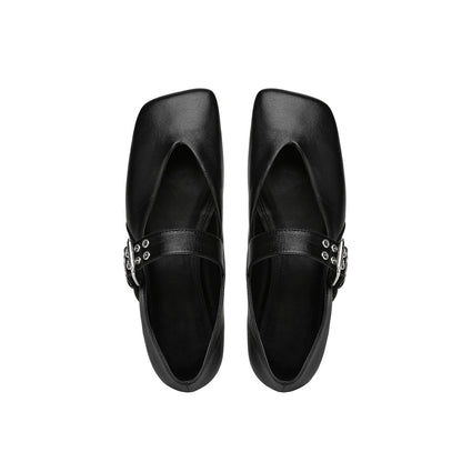 Black Vegan Leather Square-Toe Bridge Strap With Double Eyelets Flats