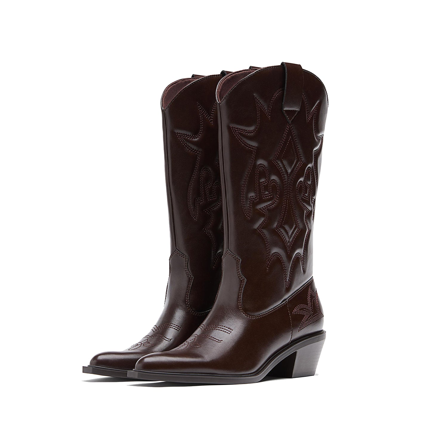 Brown Almond-Toe Chic Stitch Mid Calf Classic Cowgirl Boots
