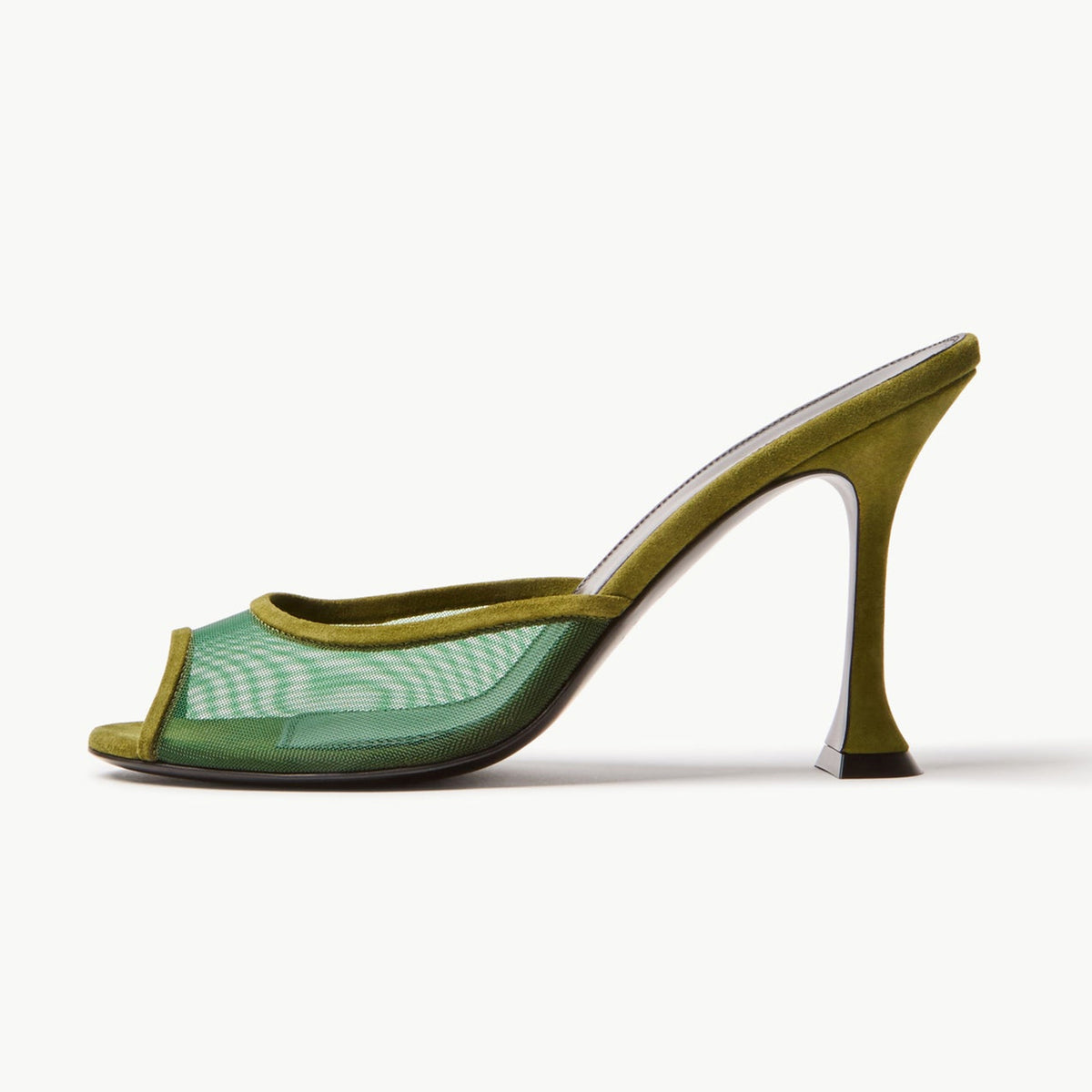 Green Mesh And Faux Suede Peep Round-Toe Backless Pumps High Heels