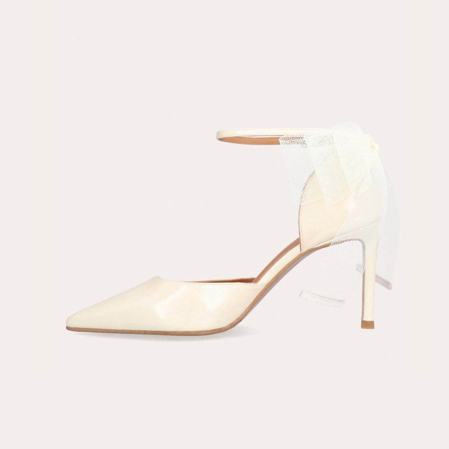 Ivory Pointed-Toe Chic Back Big Mesh Bow And Ankle Strap High Heels