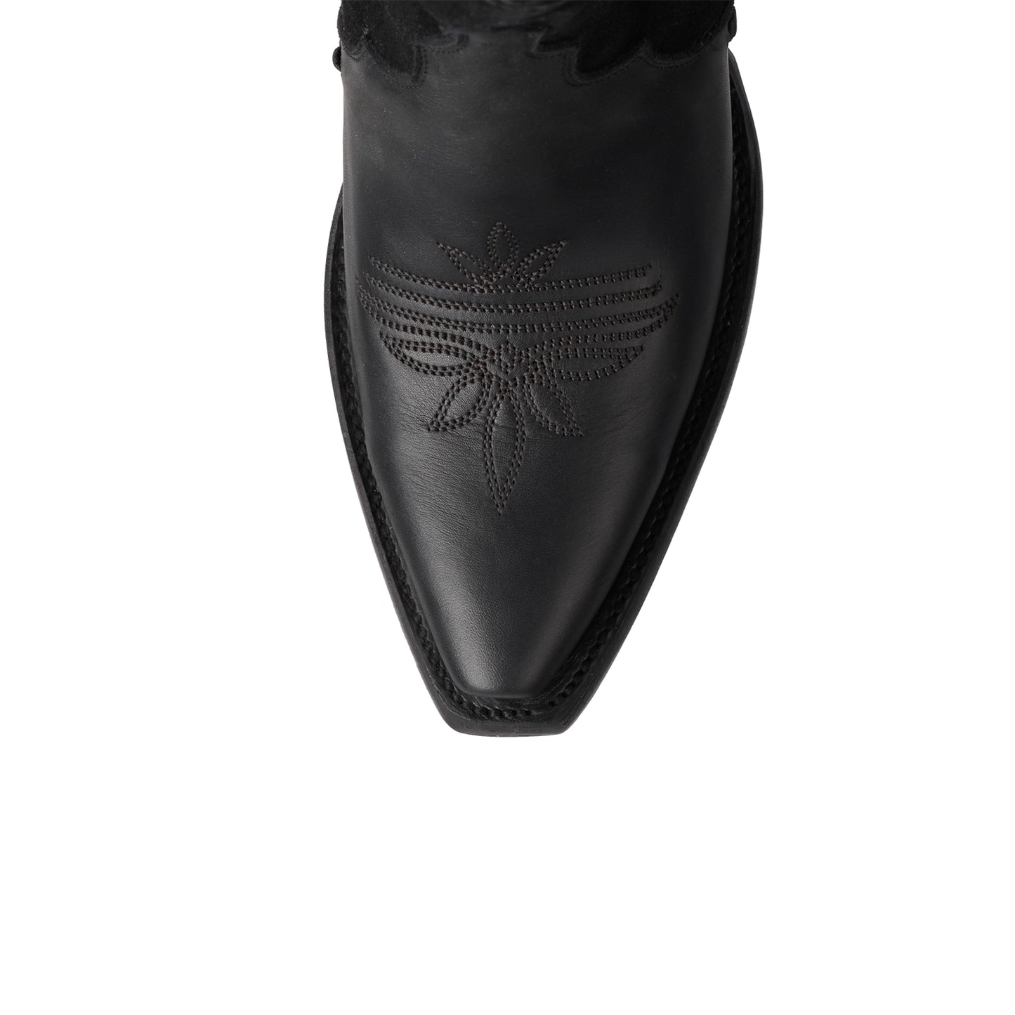 Black Contrast Faux Suede And Vegan Leather Snip-Toe Floral Embroidery Half-Zip Knee High Cowgirl Boots