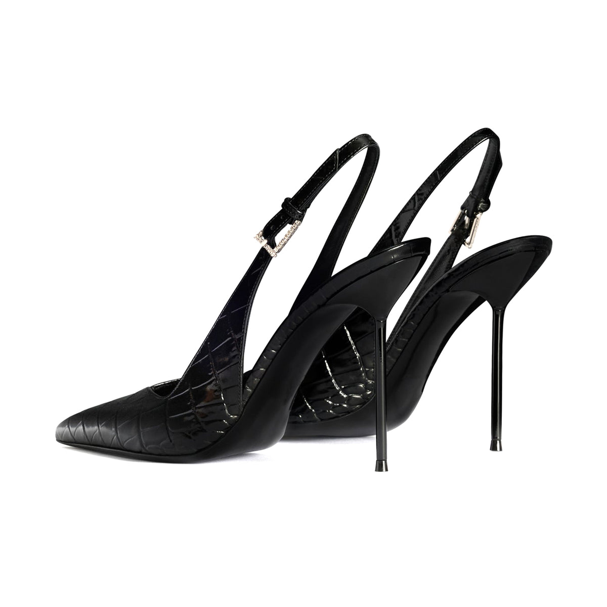 Ebony Stone Pattern Pointed-Toe Classic Buckle Back Strap Pumps High Heels