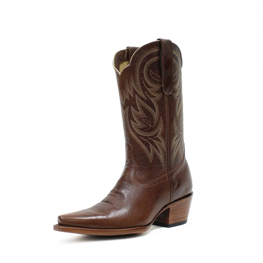 Cognac Snip-Toe Western Embroidery Mid Calf Cowgirl Boots