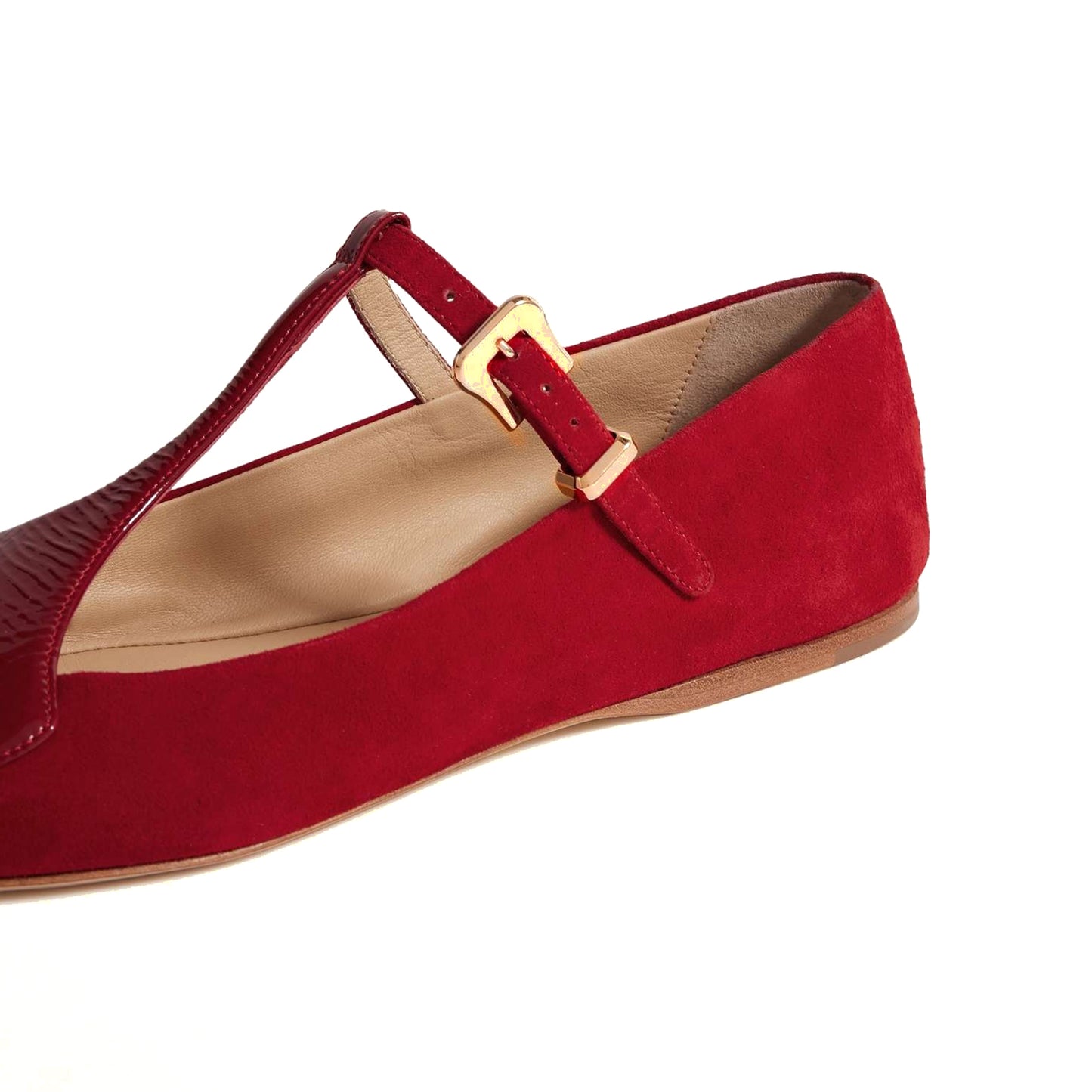 Red Contrast Patent Leather And Faux Suede Pointed-Toe Mary Jane Flats