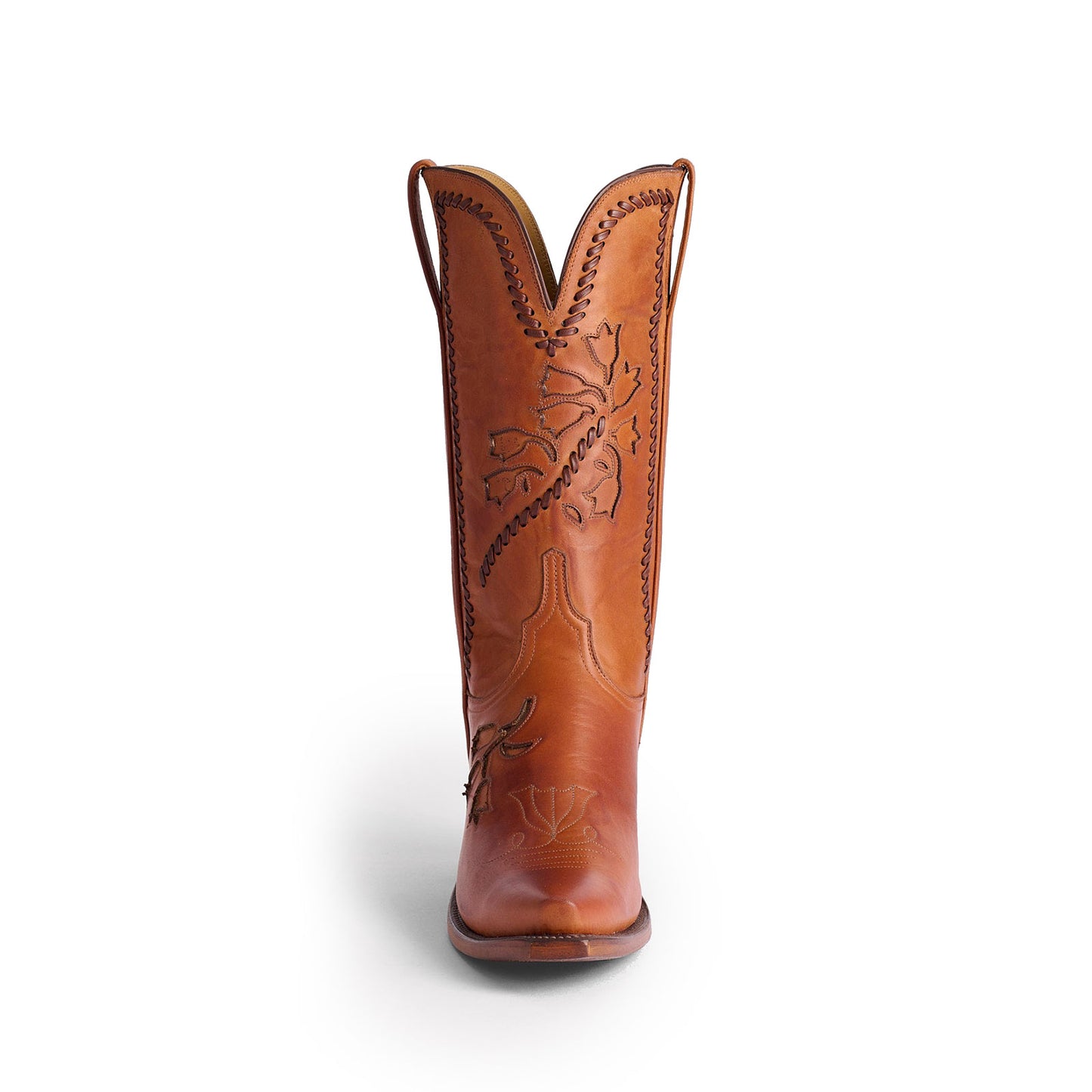 Cognac Snip-Toe Little Tulips Inlay And Running Stitch Mid Calf Cowgirl Boots