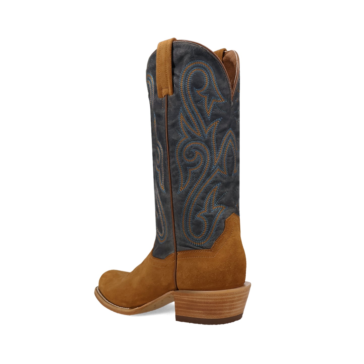 Contrast Turquoise Vegan Leather And Tan Faux Suede Square-Toe Embroidery Mid Calf Cowgirl Boots