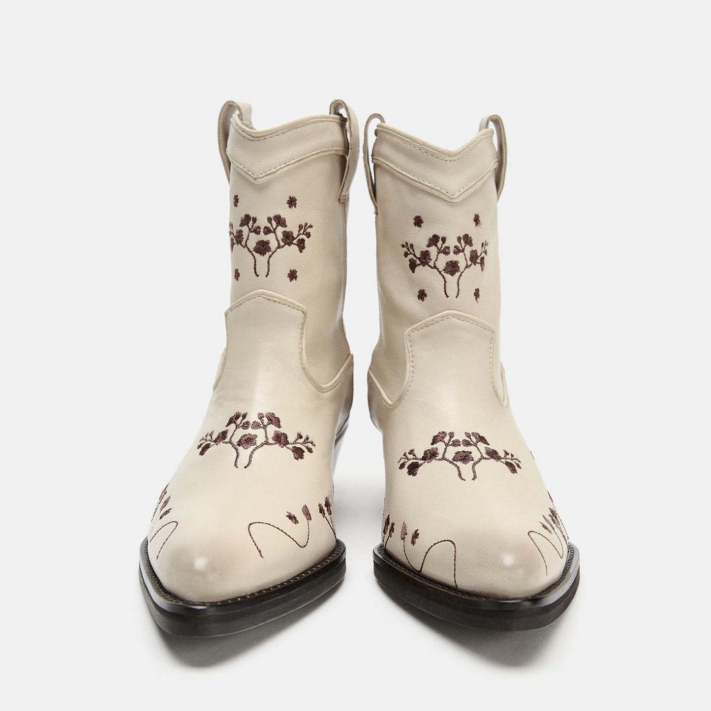 Ivory Almond-Toe Florals Embroidery Ankle Chic Cowgirl Boots
