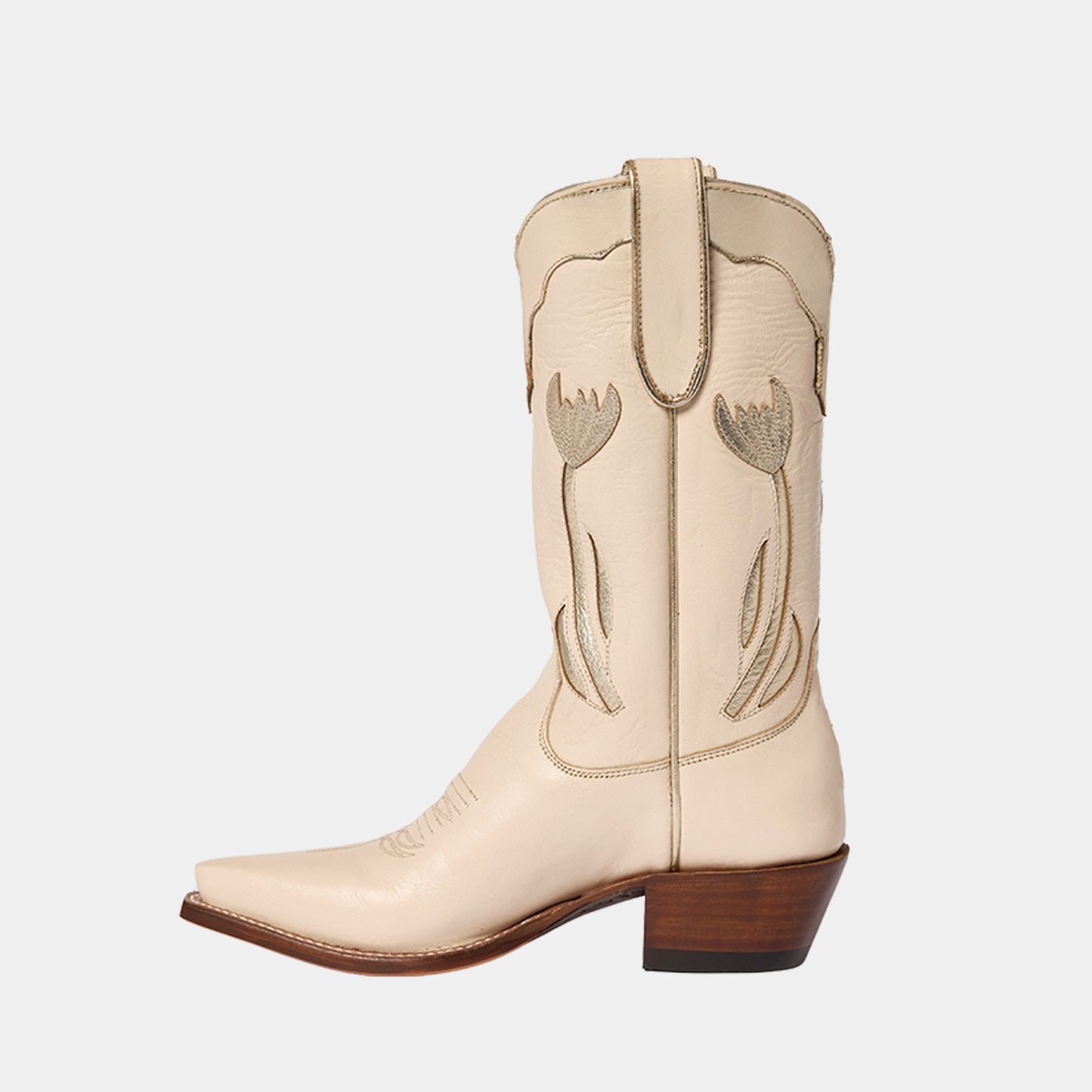 Cream Snip-Toe Metallic Champagne Tulip Inlay Mid Calf Cowgirl Boots