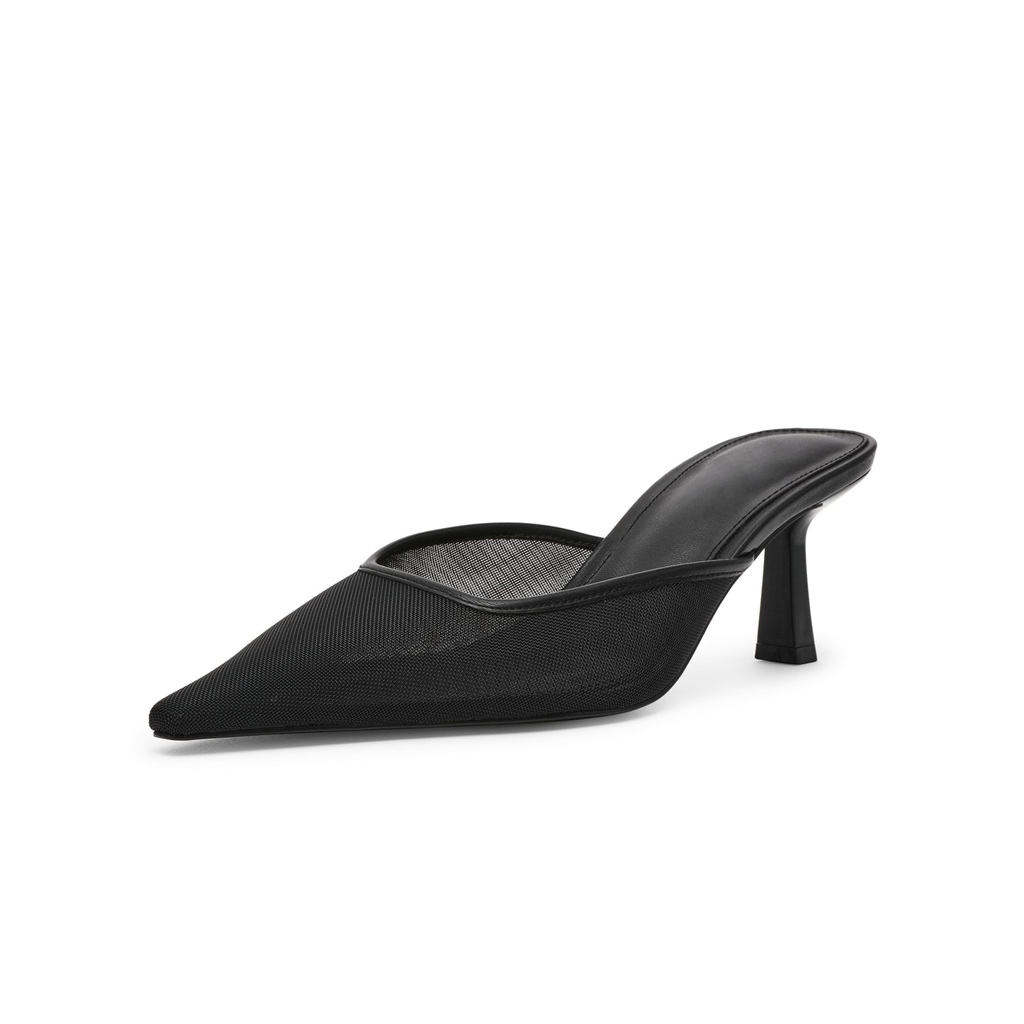 Black Mesh Pointed-Toe Classic Slip-On Backless Kitten Heels