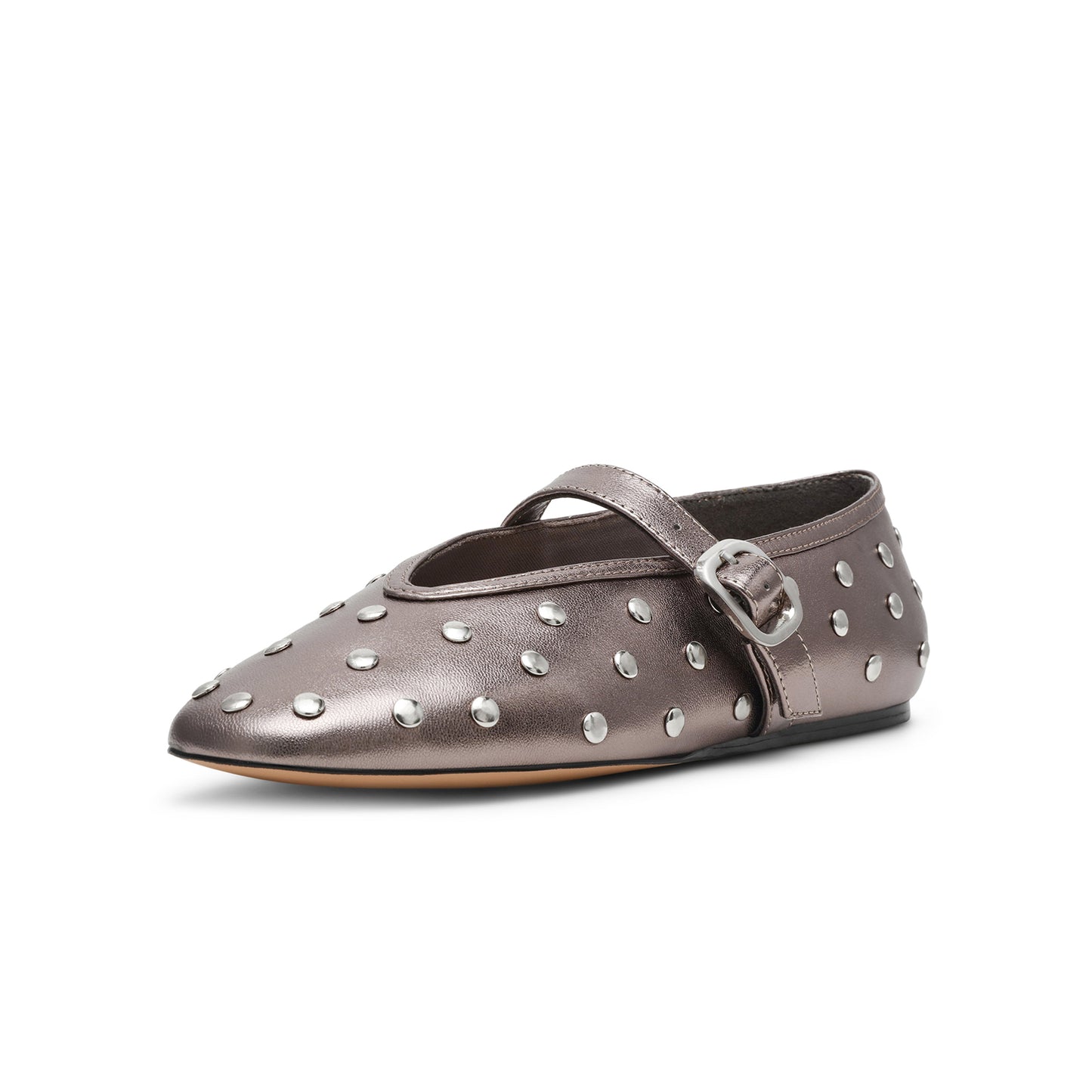 Metallic Pewter Round-Toe Studs And Mary Jane Ballet Flats