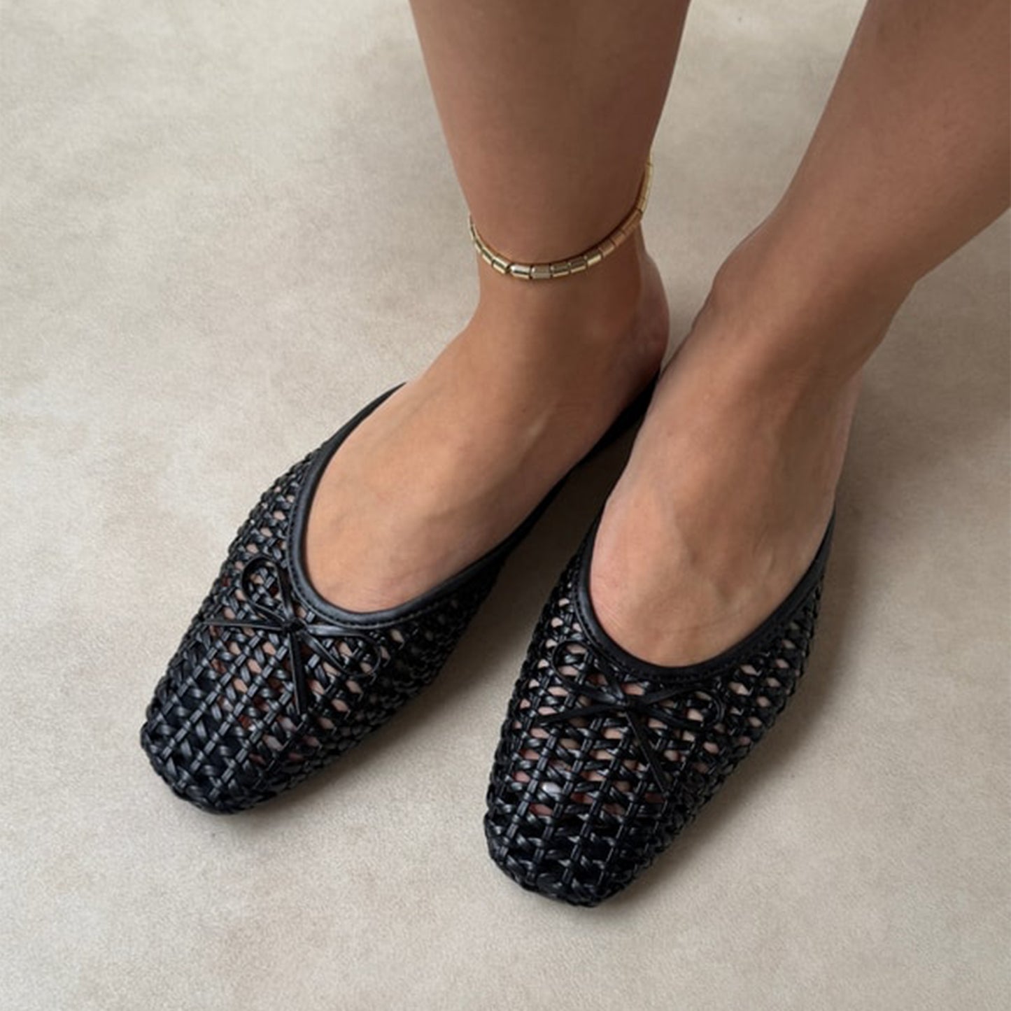 Black Woven Vegan Leather Square-Toe Front Bow Backless Chic Flats