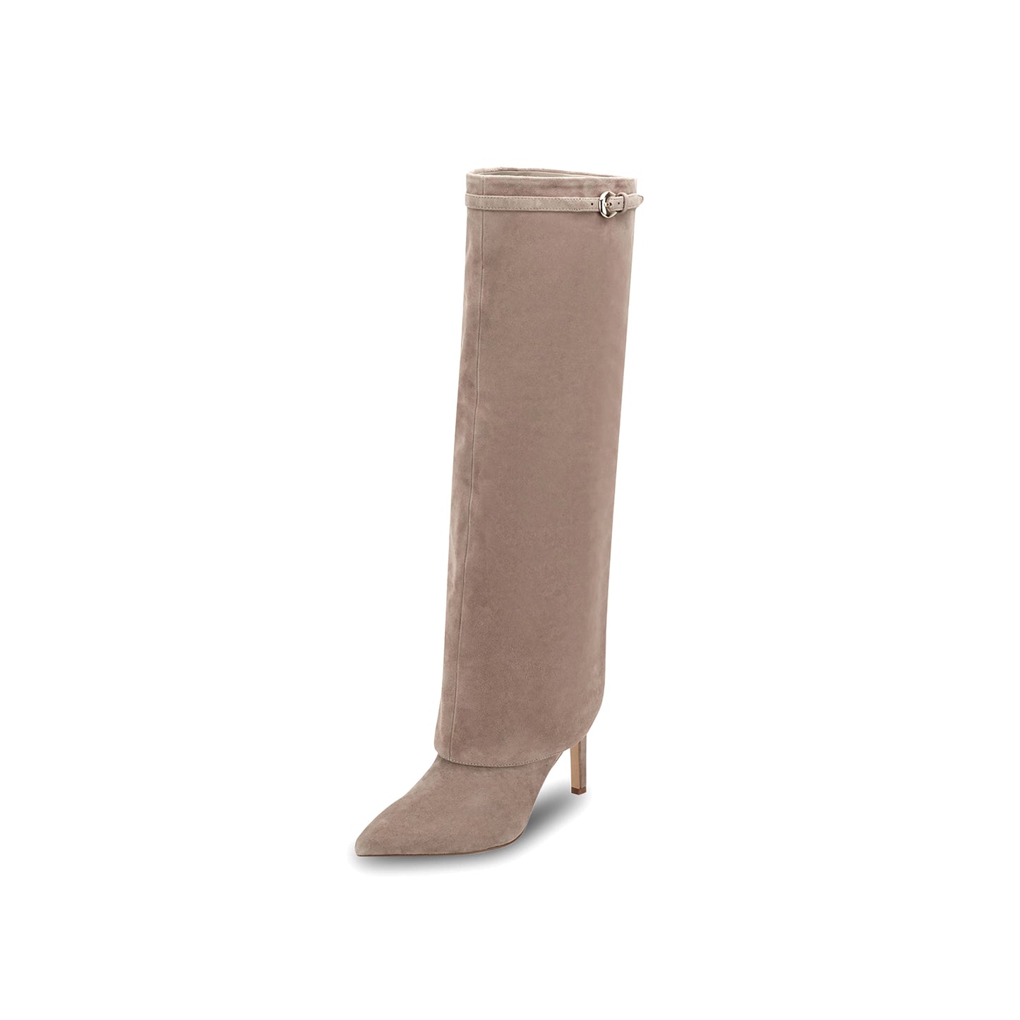 Taupe Velvet Pointed-Toe Sleek Fold-Over Wide Calf Knee High Stiletto Boots