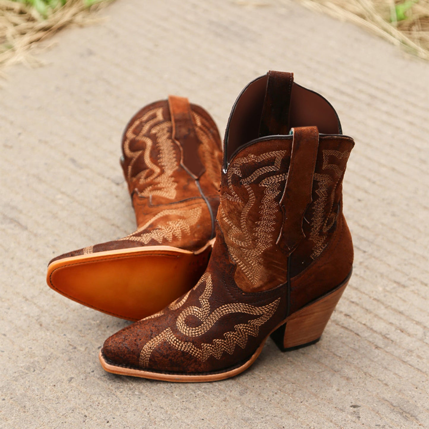 Brown Faux Suede Snip-Toe Chic Embroidery Western Ankle Cowgirl Boots