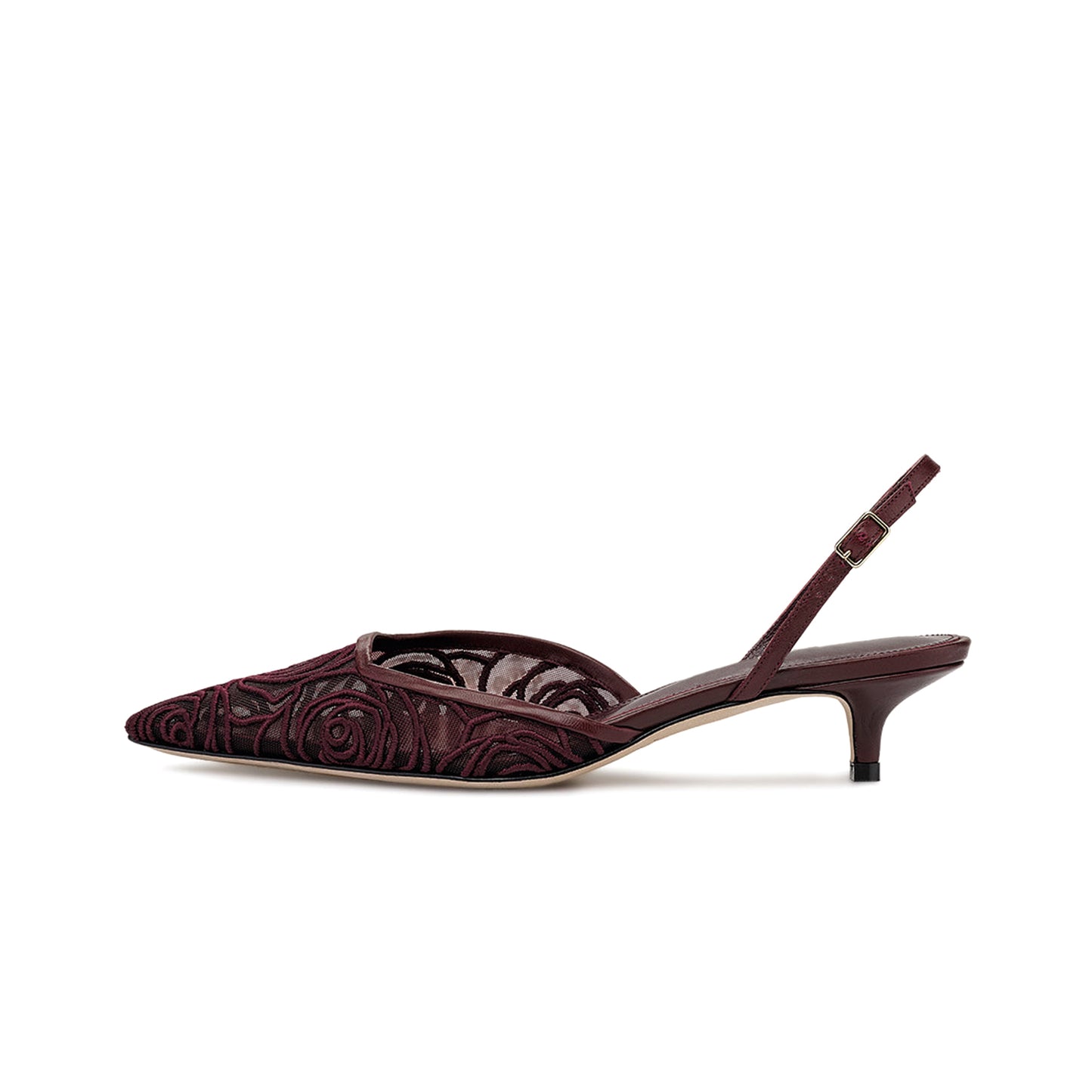 Dark Red Mesh Pointed-Toe Embroidery Slingback Slip-On Kitten Heels