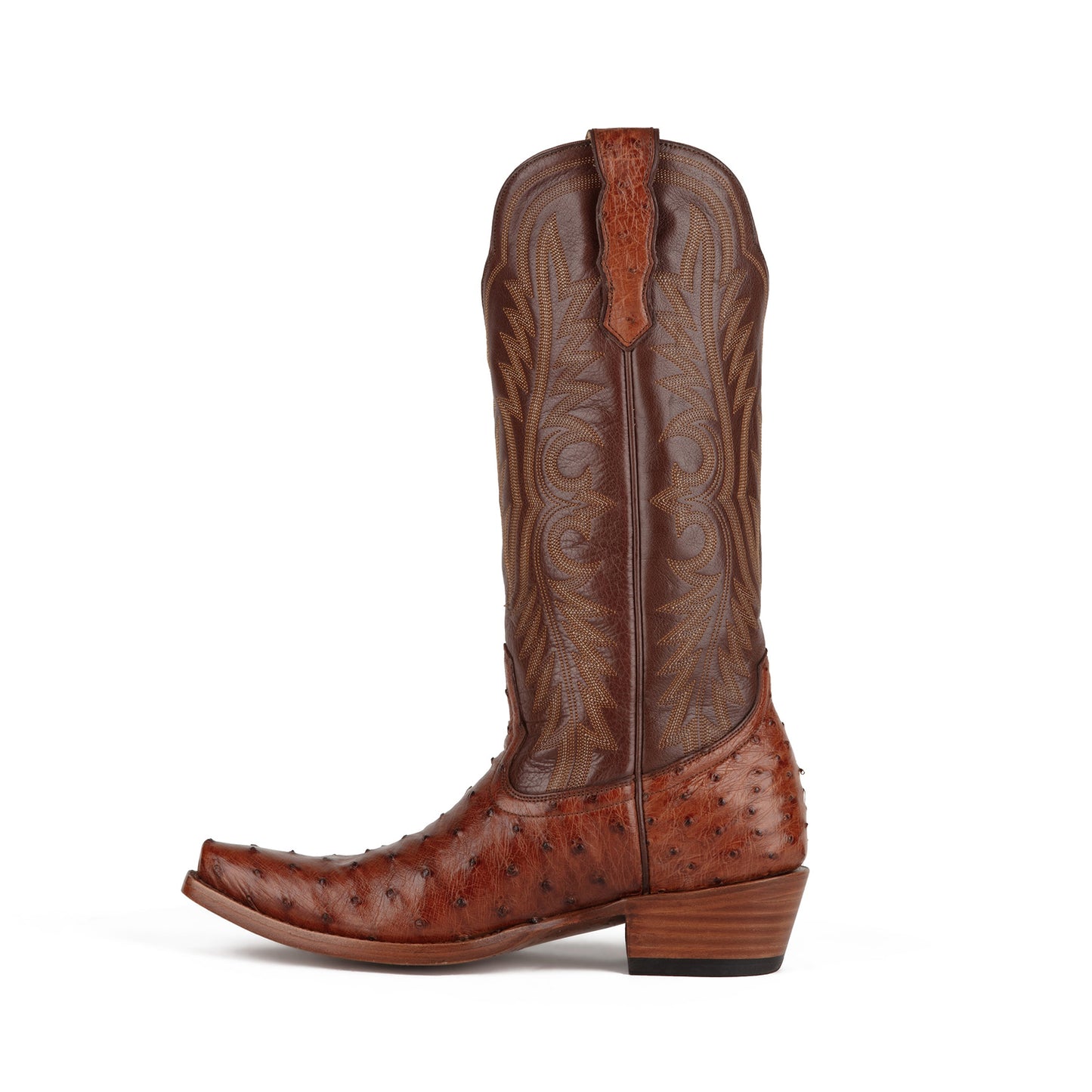 Brandy Contrast Vegan Leather And Ostrich Print Snip-Toe Embroidery Mid Calf Cowgirl Boots