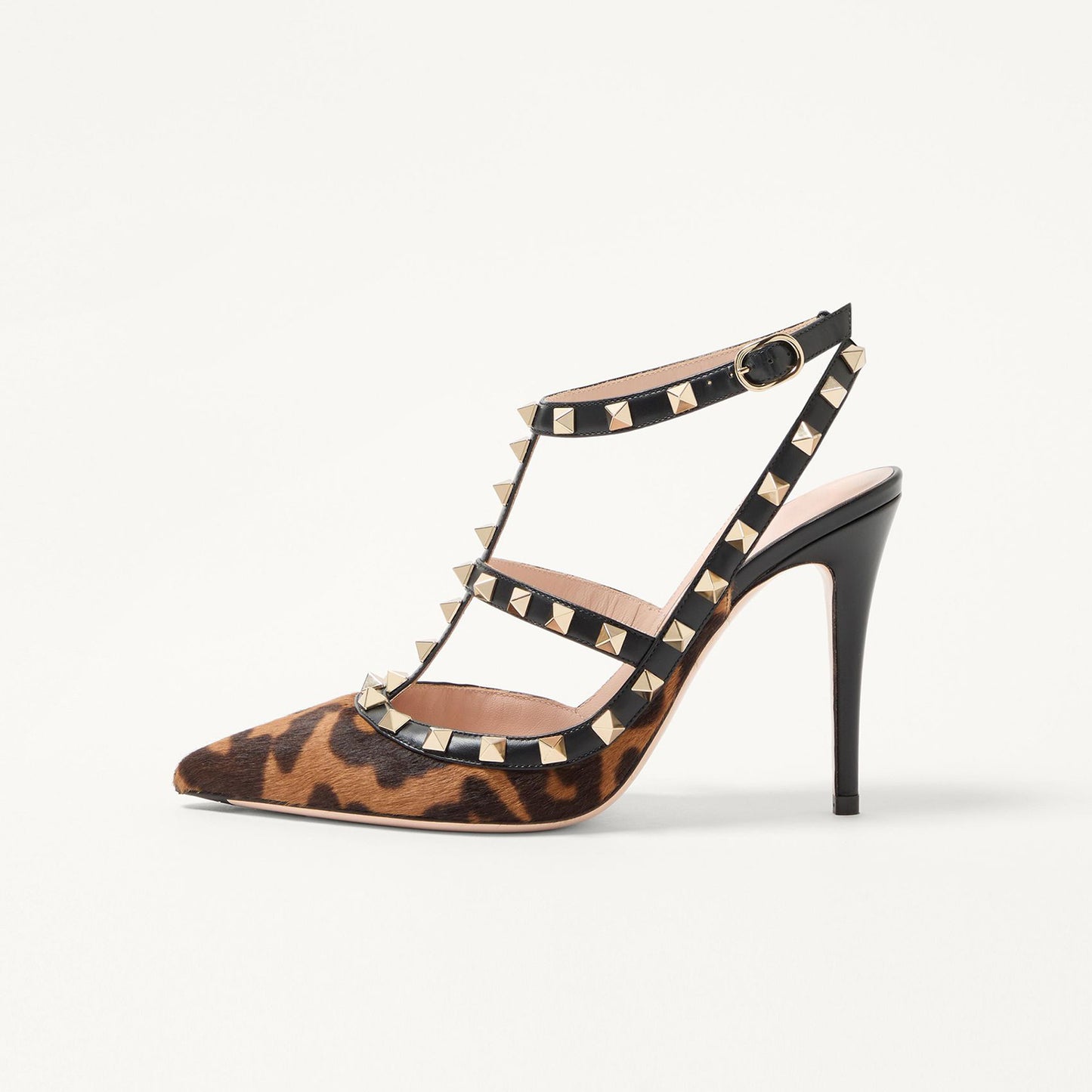 Leopard Pointed-Toe Studded Strappy Slingback High Heels