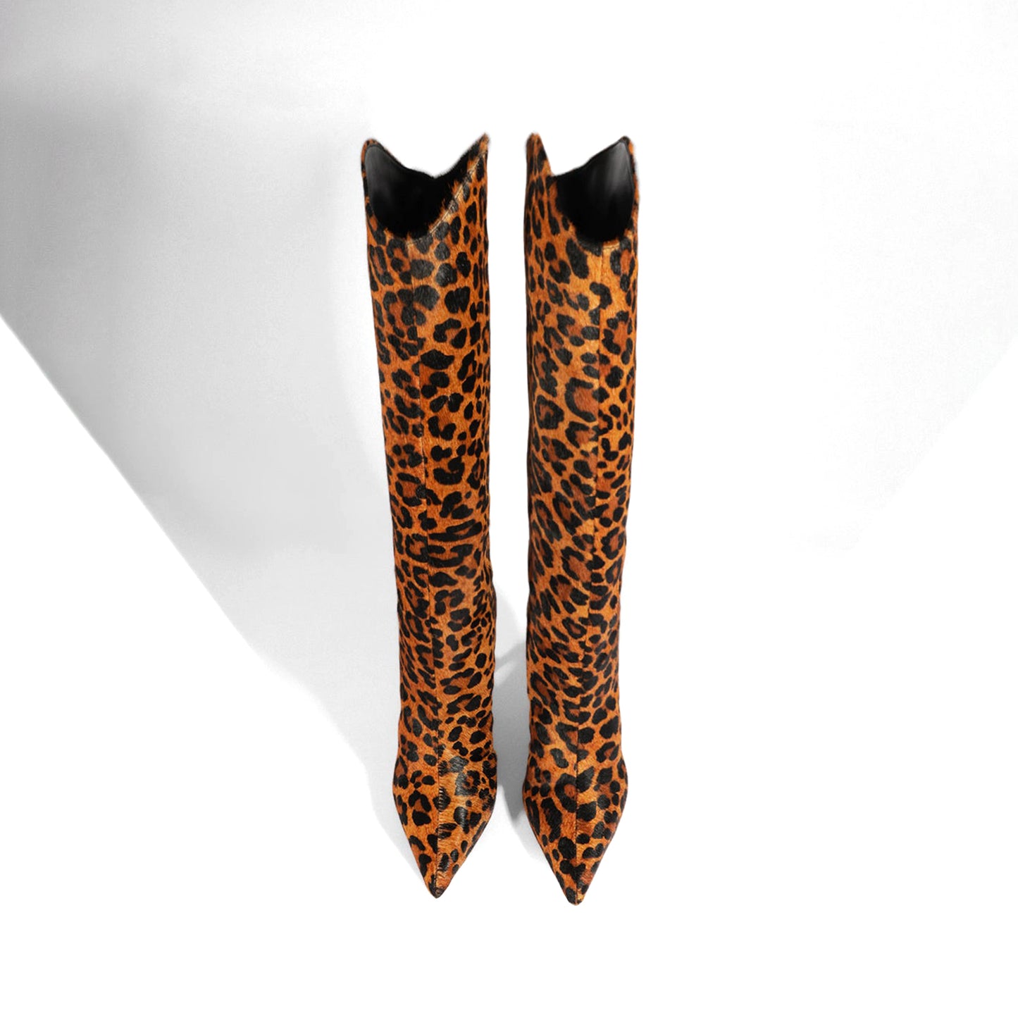Leopard Pony Hair Pointed-Toe Simple Wide Calf Knee High Stiletto Boots