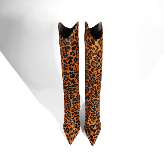 Leopard Pony Hair Pointed-Toe Simple Wide Calf Knee High Stiletto Boots