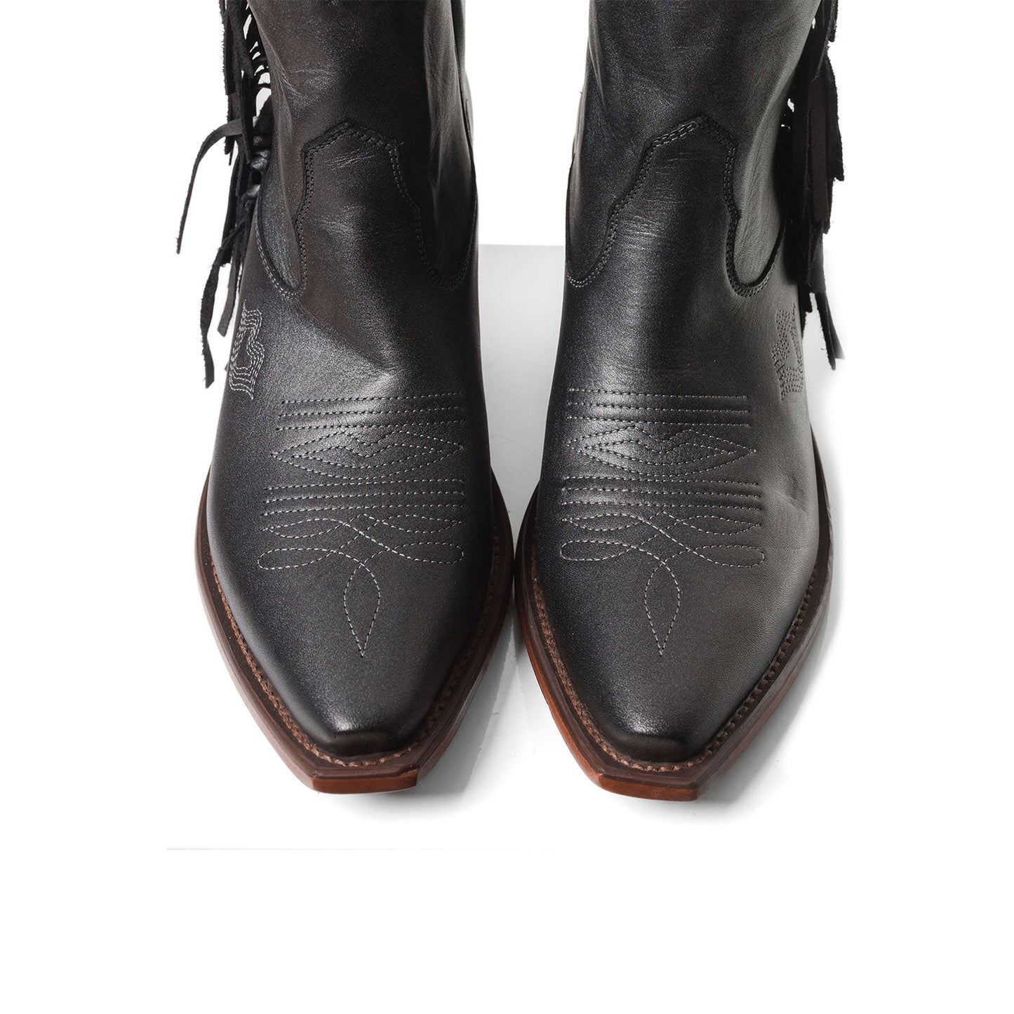 Black Snip-Toe Side Fringe Ankle Cowgirl Boots