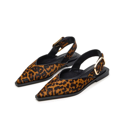 Leopard Pony Hair Pointed-Toe Slingback Buckle Flats