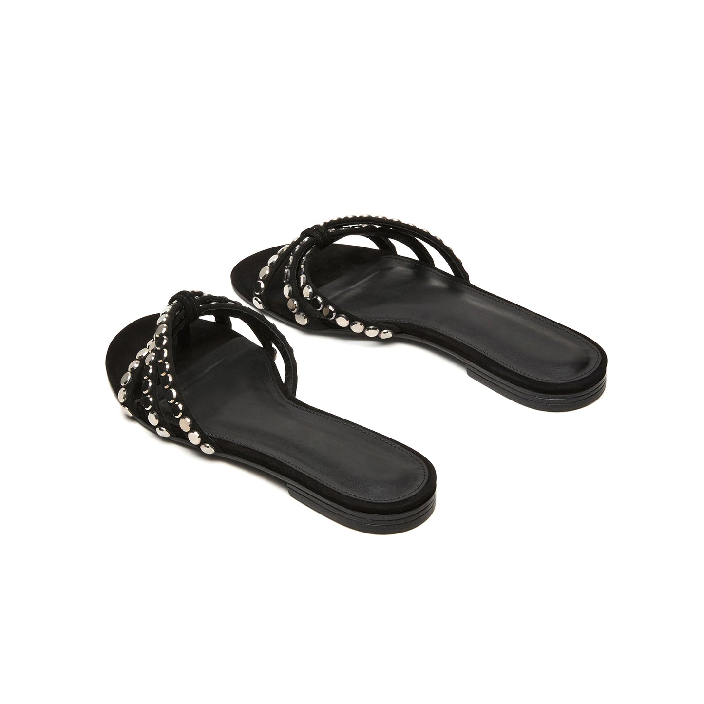 Black Faux Suede Square-Toe Front Strappy With Rhinestones Backless Flats