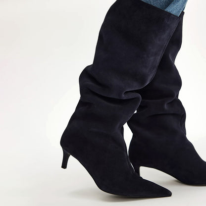 Navy Blue Faux Suede Pointed-Toe Wide Calf Knee High Stiletto Boots