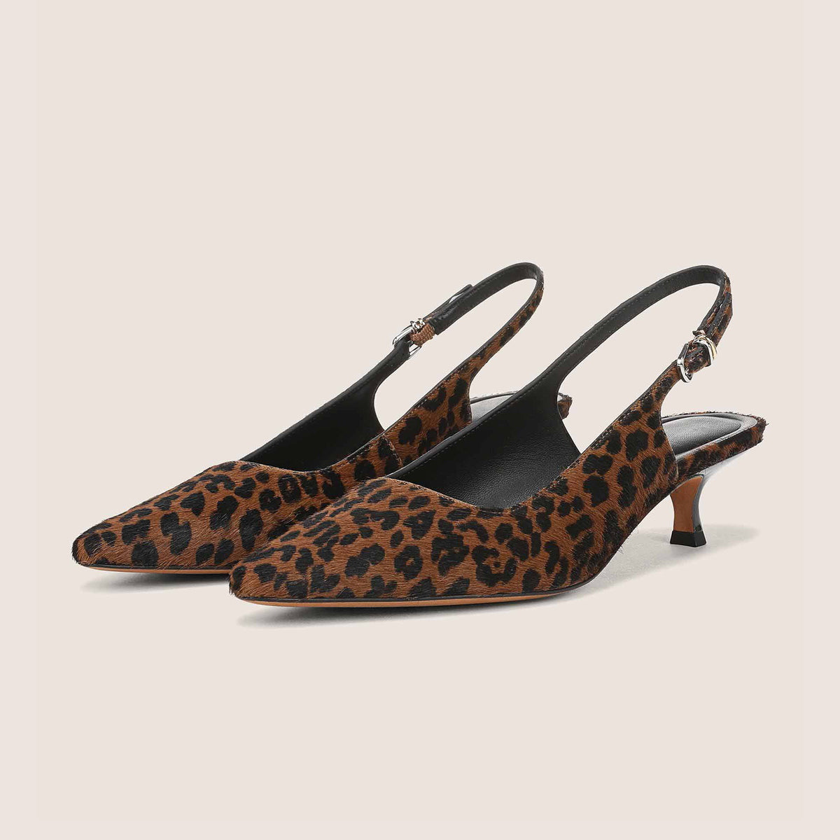 Leopard Pattern Pony Hair Vegan Leather Chic Pointed-Toe Buckle Slingback Kitten Heels