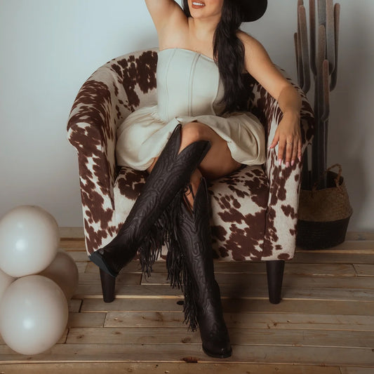 Black Snip-Toe Embroidery Side Fringe Half-Zip Knee High Cowgirl Boots