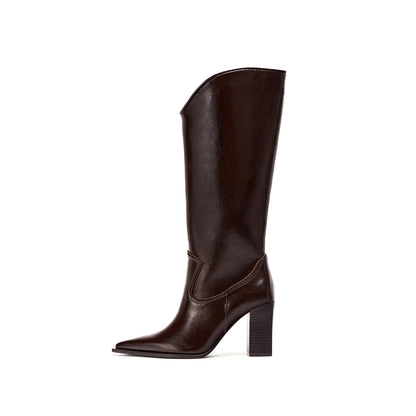 Dark Brown Pointed-Toe Simple Wide Calf Knee High Cowgirl Boots