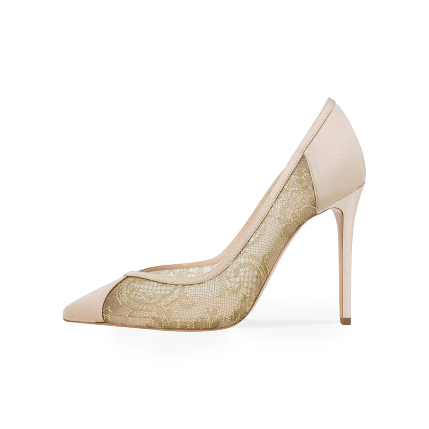 Nude Lace Mesh And Satin Pointed-Toe Slip-On Classic High Heels
