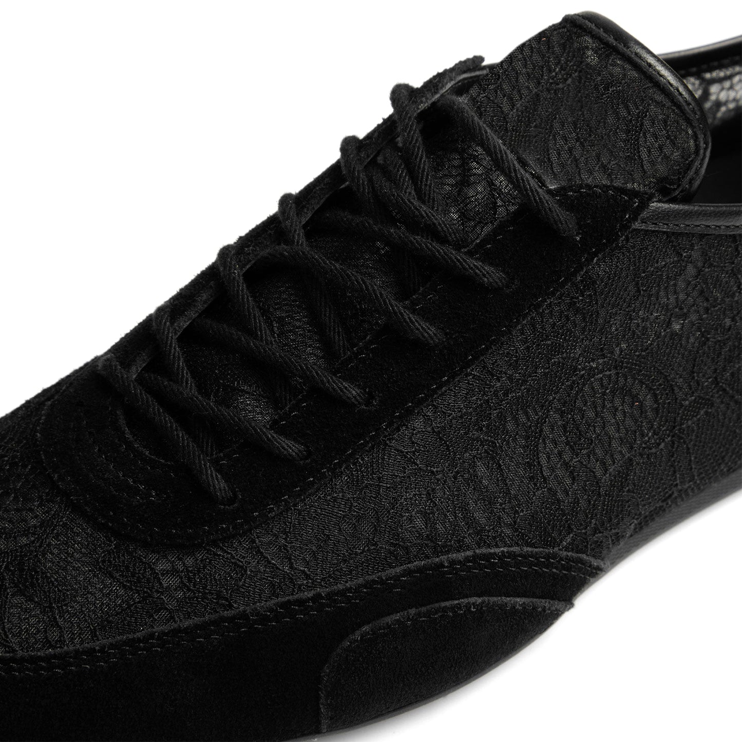 Black Faux Suede And Lace Mesh Round-Toe Lace-Up Sneakers Flats