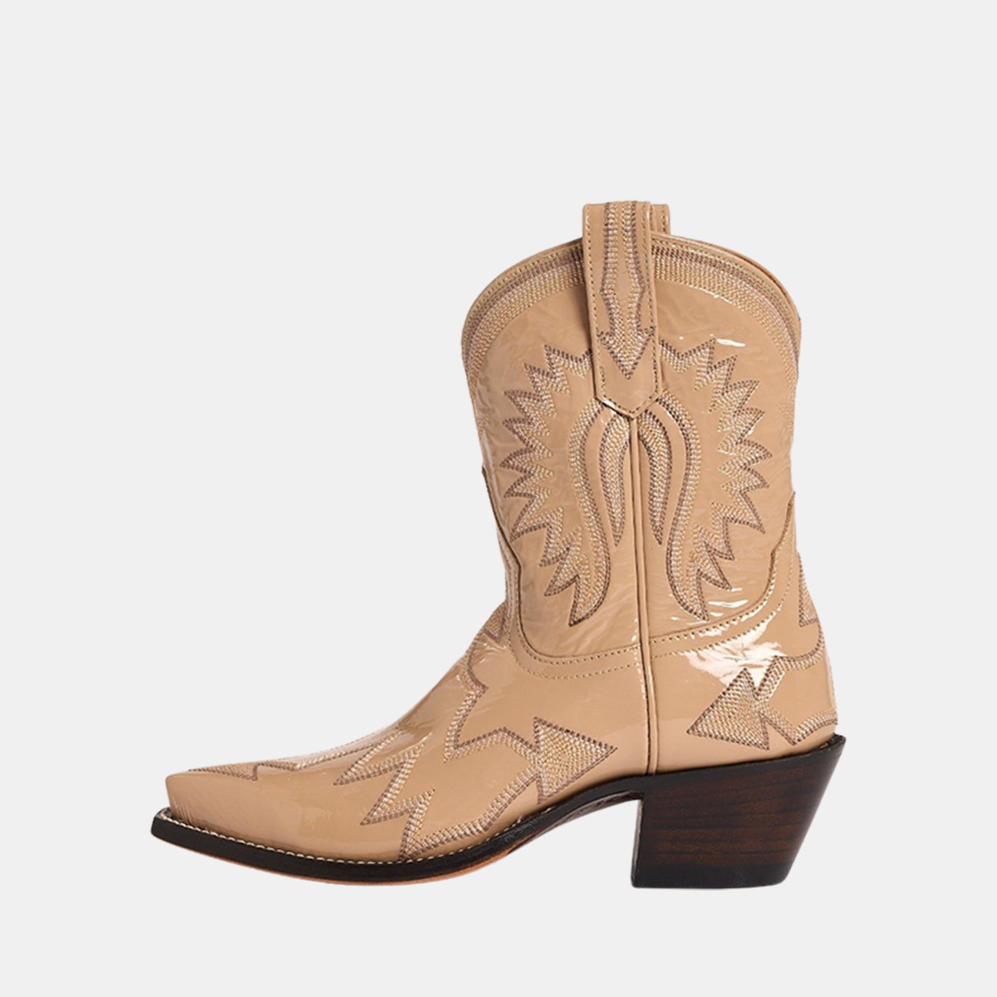 Patent Beige Snip-Toe Western Embroidery Ankle Cowgirl Boots