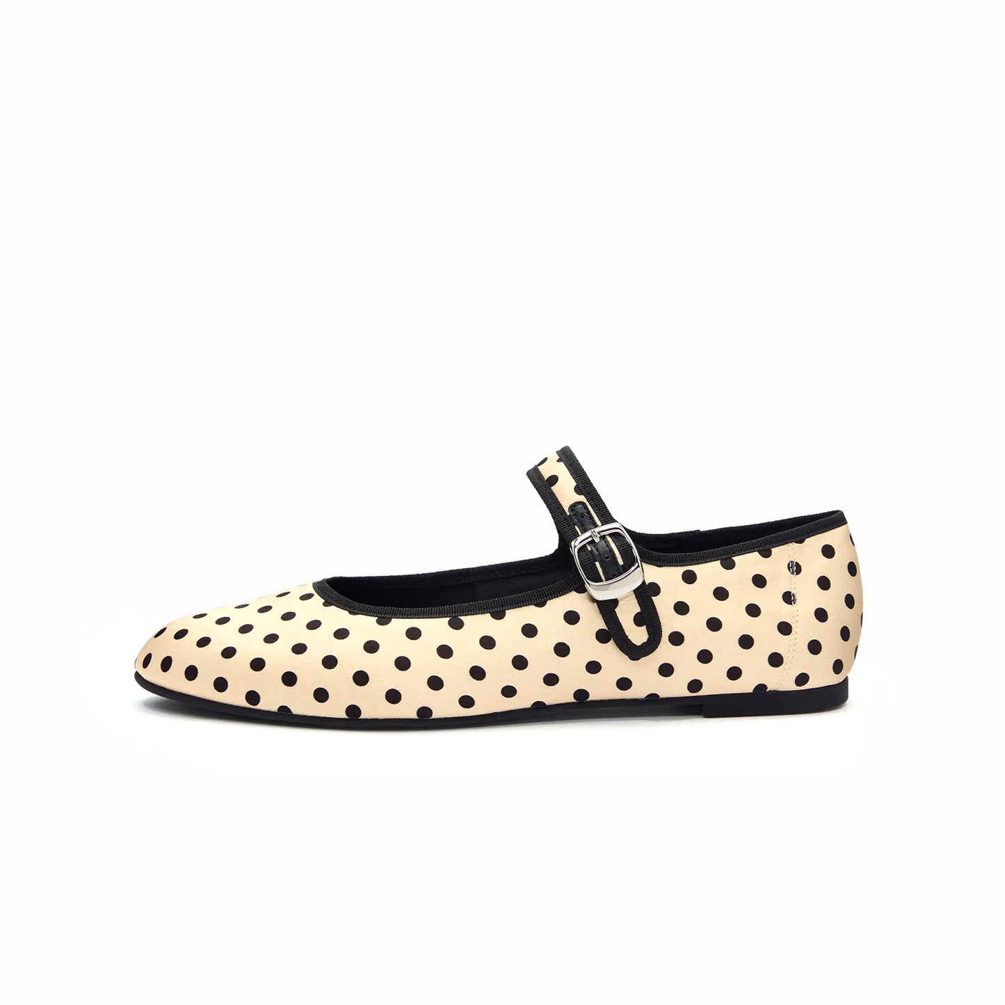 Cream Polka Dot Satin Round-Toe Bridge Buckle Strap Ballet Classic Flats