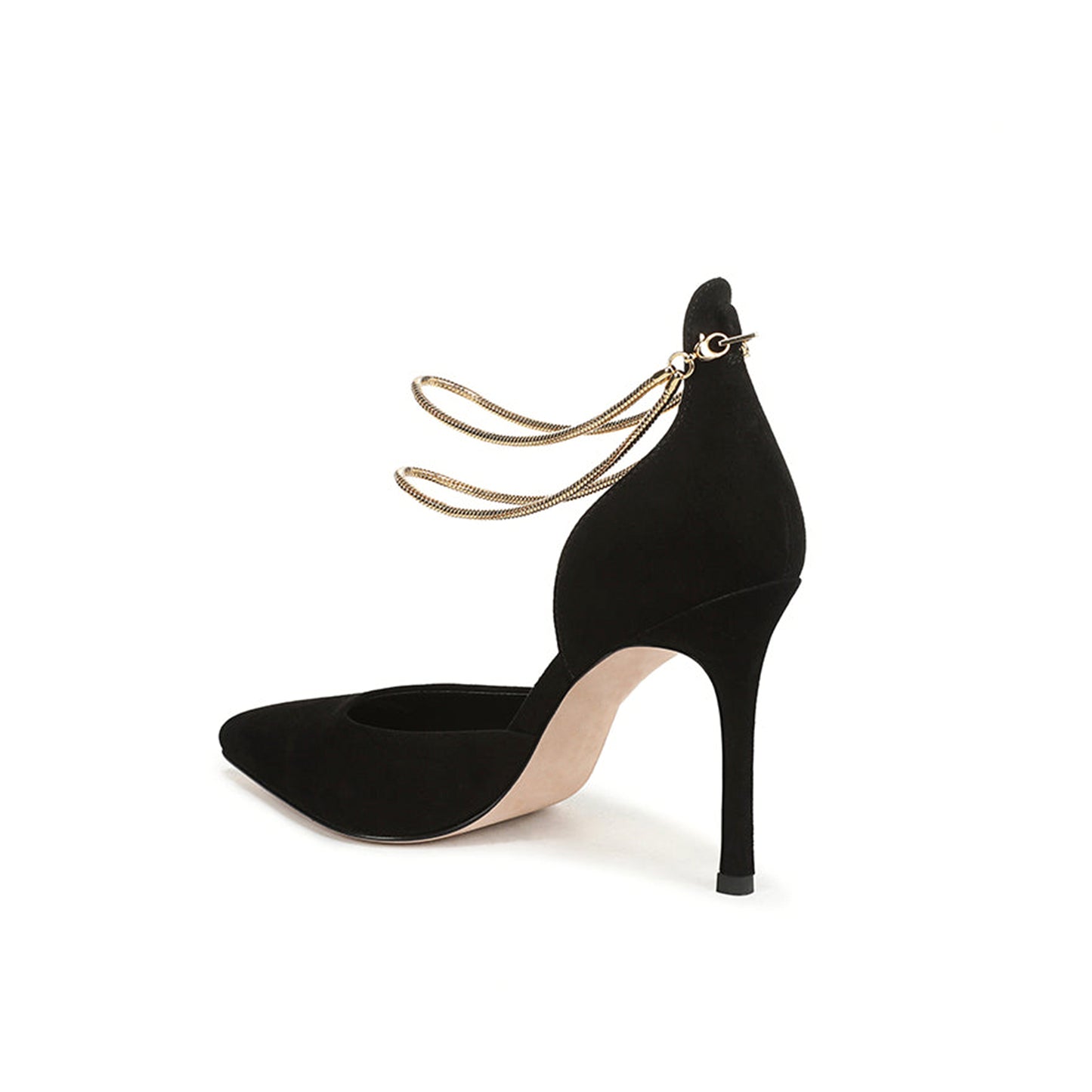 Black Faux Suede Pointed-Toe Double Gold Ankle Chains High Heels