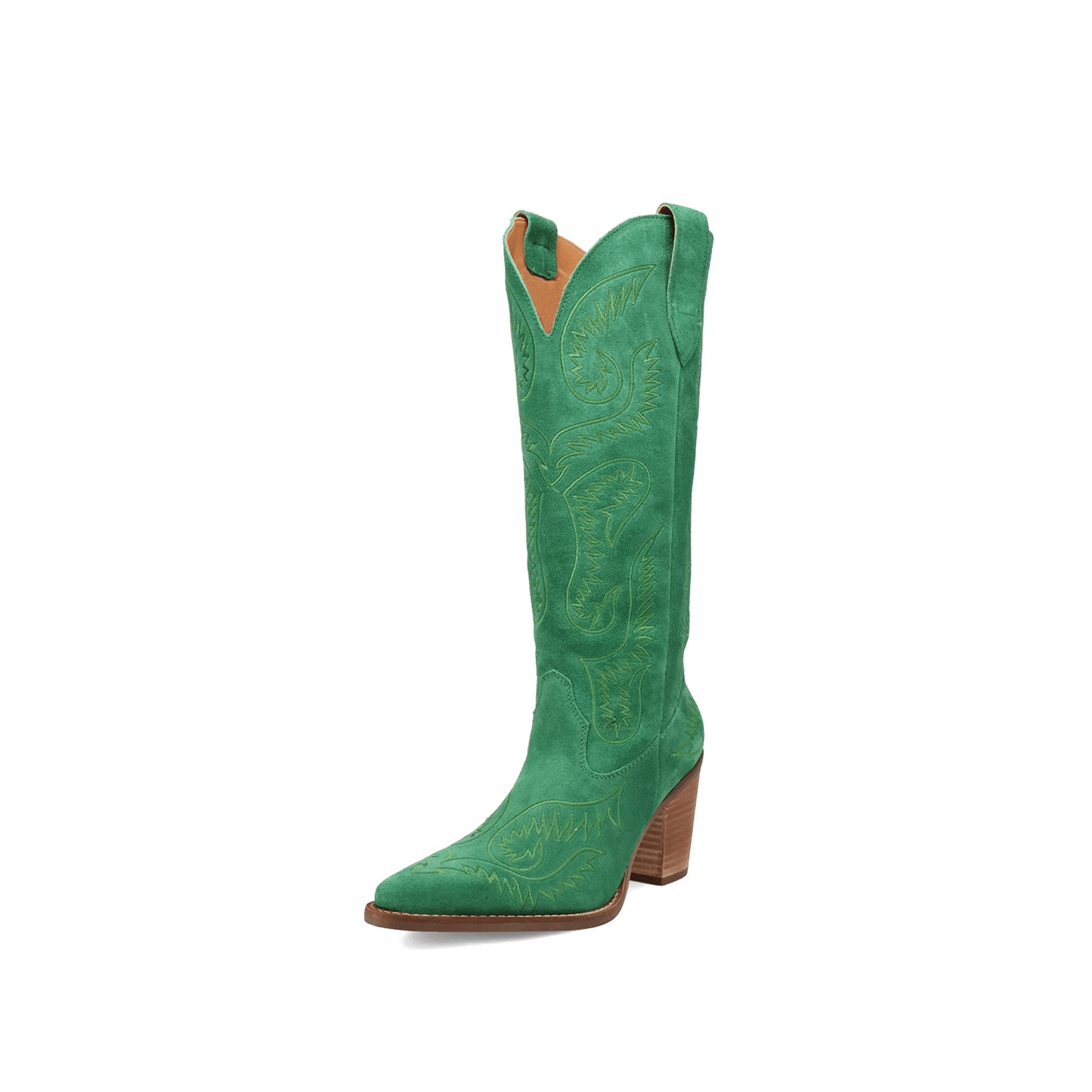 Green Faux Suede Snip-Toe Lively Embroidery Wide Calf Knee High Cowgirl Boots