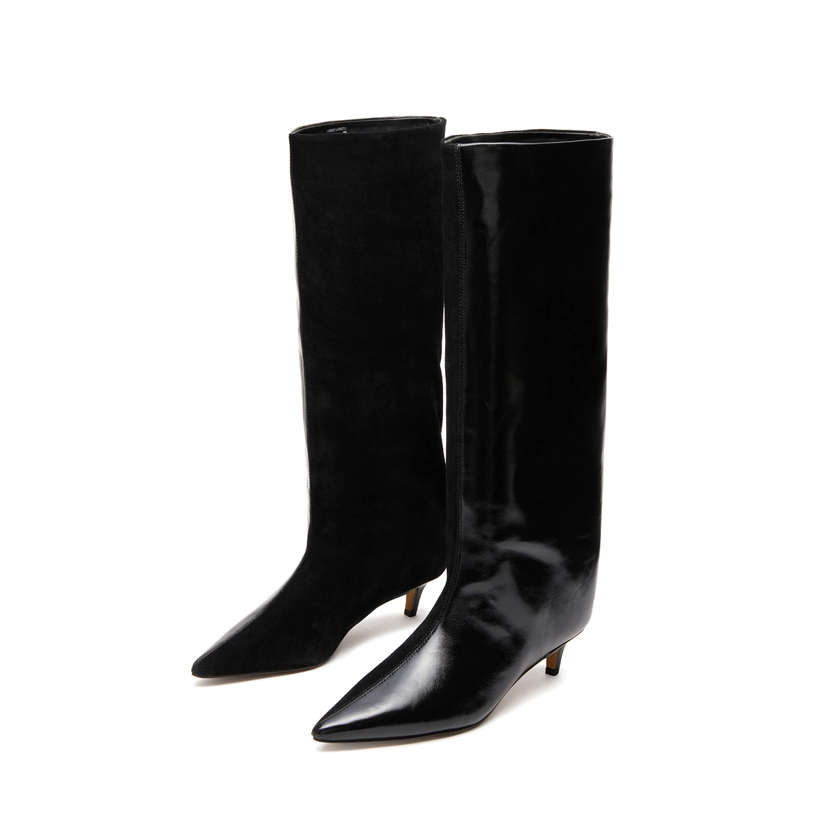 Black Faux Suede And Vegan Leather Pointed-Toe Wide Calf Knee High Stiletto Boots