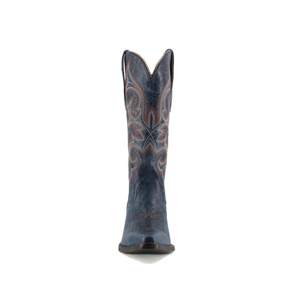 Distressed Dark Blue Snip-Toe Mid Calf Embroidery Cowgirl Boots