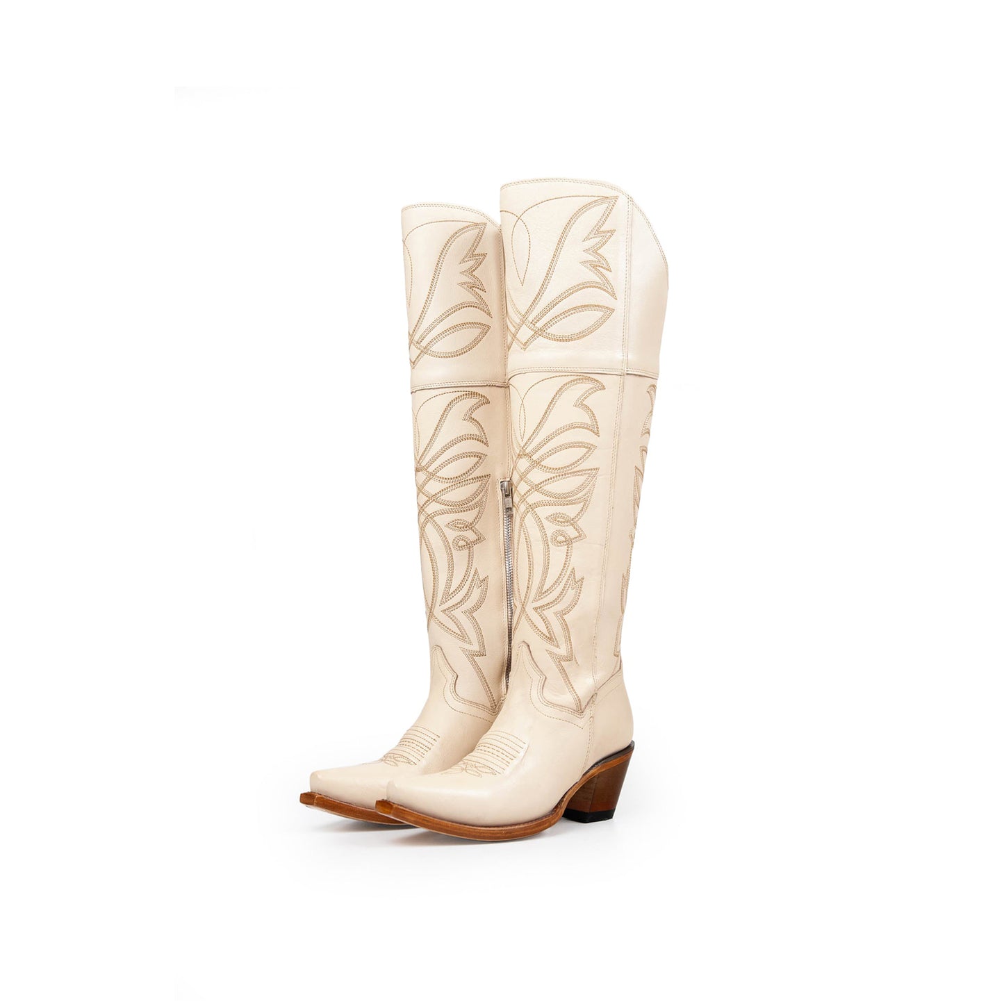 White Snip-Toe Half-Zip Western Embroidery Knee High Cowgirl Boots.