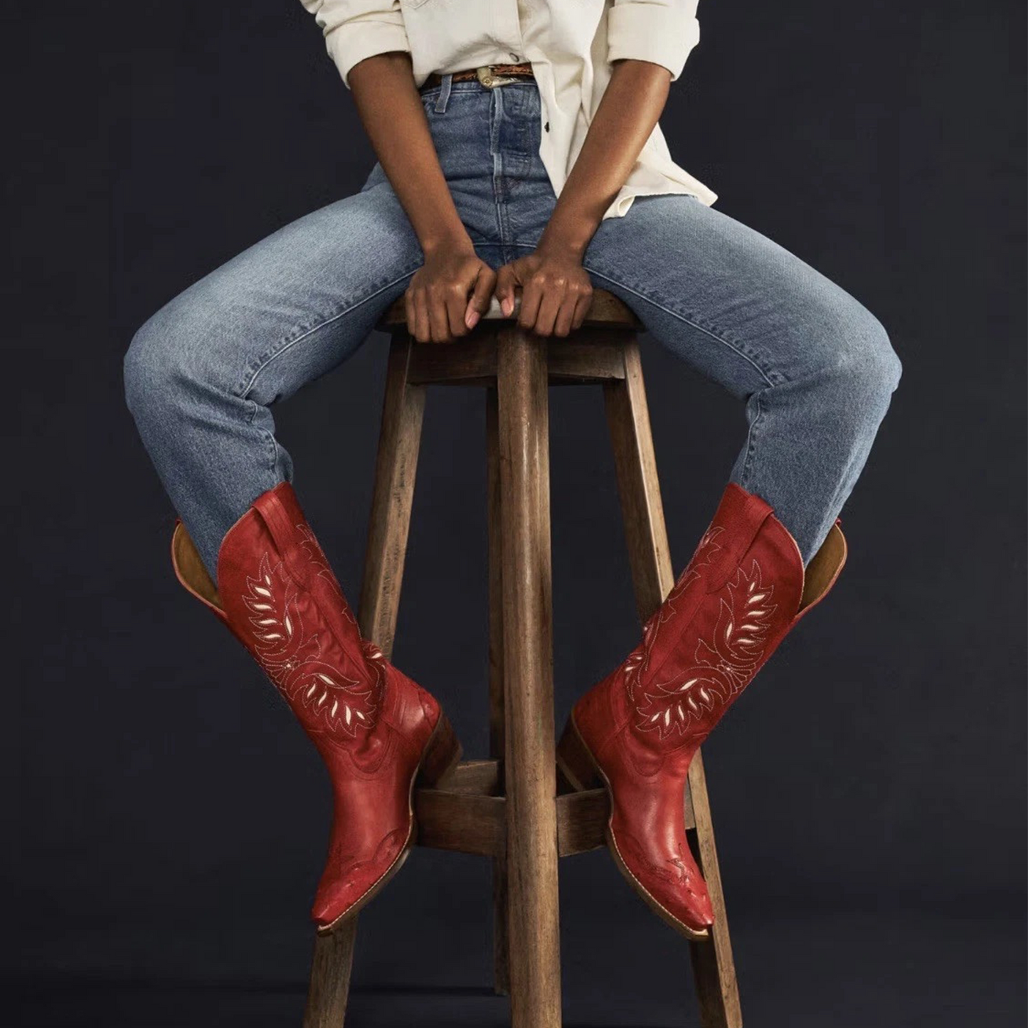Red Vegan Leather And Ostrich Pattern Snip-Toe Embroidery And Inlay Mid Calf Cowgirl Boots