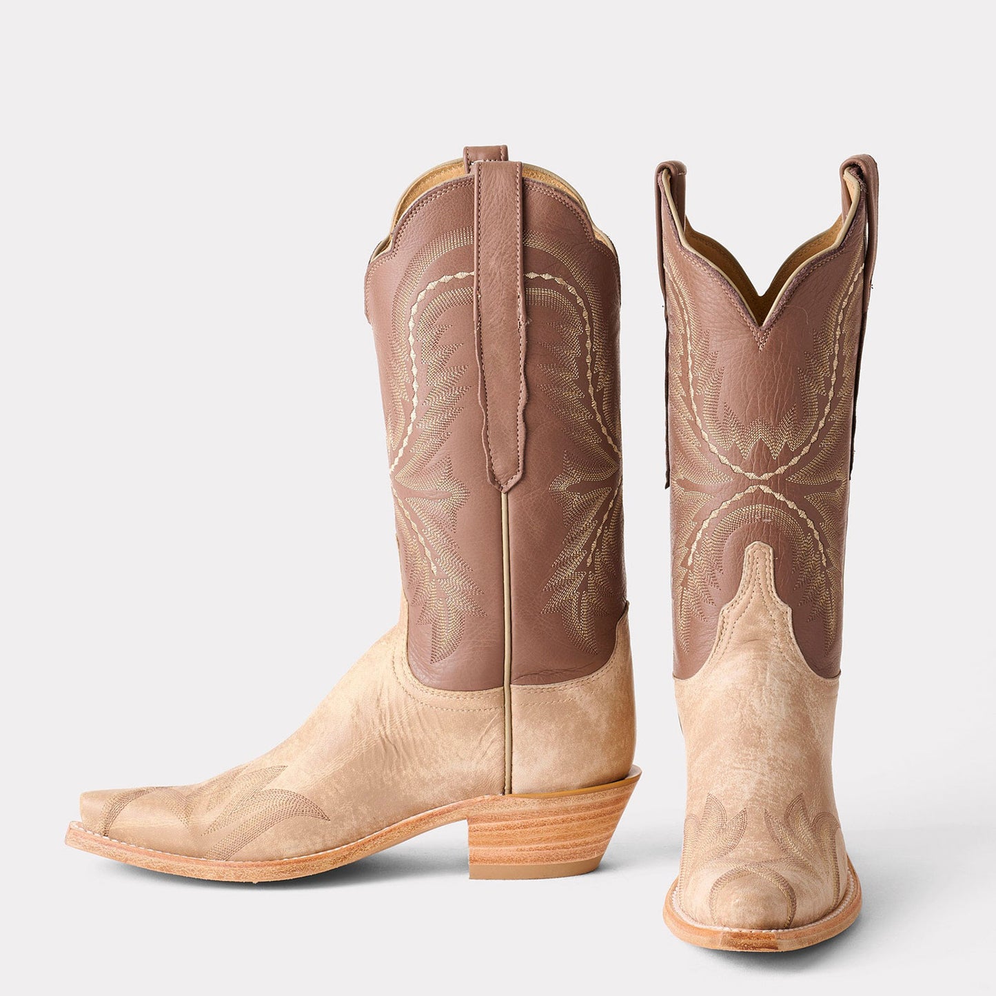 Contrast Tan And Beige Snip-Toe Western Embroidery Mid Calf Chic Cowgirl Boots