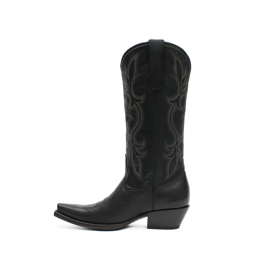 Black Snip-Toe Plant Embroidery Mid Calf Cowgirl Boots