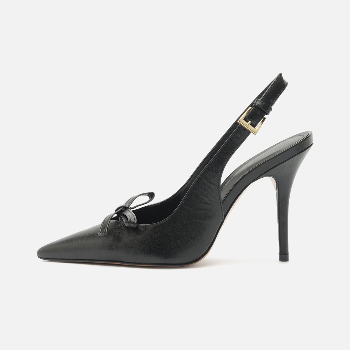 Black Pointed-Toe Front Bow Buckle Slingback High Heels