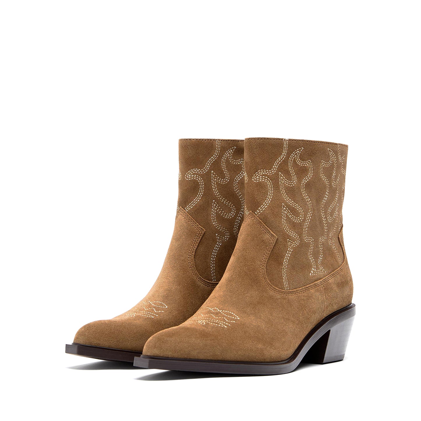 Camel Faux Suede Almond-Toe Embroidery Detail Full-Zip Ankle Cowgirl Boots