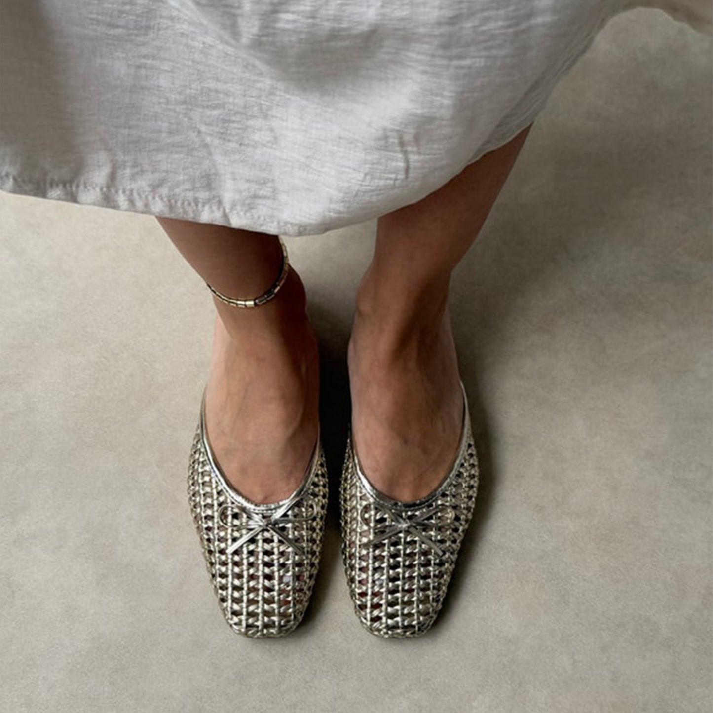 Metallic Gold Woven Vegan Leather Square-Toe Front Bow Backless Chic Flats